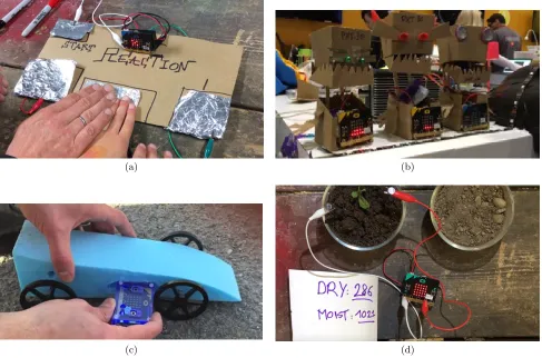Figure 4: Example projects - (a) the reaction game; (b) light-reactive cardboard robots; (c) a Bloodhoundmodel rocket car instrumented with a micro:bit; (d) measuring soil moisture via micro:bit pins.