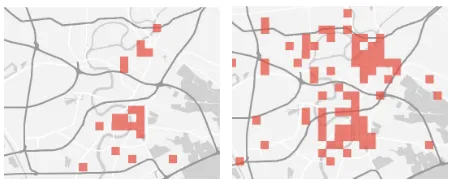 Figure 2: Temporal distributions of complaints tagged withbus service (red) and noise p ollution (blue), respectively.