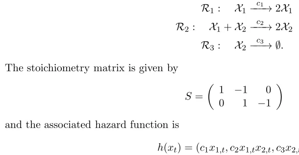 Table 2: Lotka-Volterra model. Quantiles of Ythe Euler-Maruyama approximation of (20) withXT |X0 = (50, 50)′ found by repeatedly simulating from c = (0.5, 0.0025, 0.3)′ and corrupting X1,T and2,T with additive N(0, 52) noise.