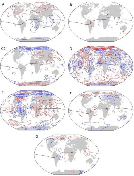 Fig. 8. Difference between the Z component of the magnetic ﬁeld of IGRF-2010 candidate models and the weighted mean model Mw plotted at Earth’sreference radius in Winkel tripel projection