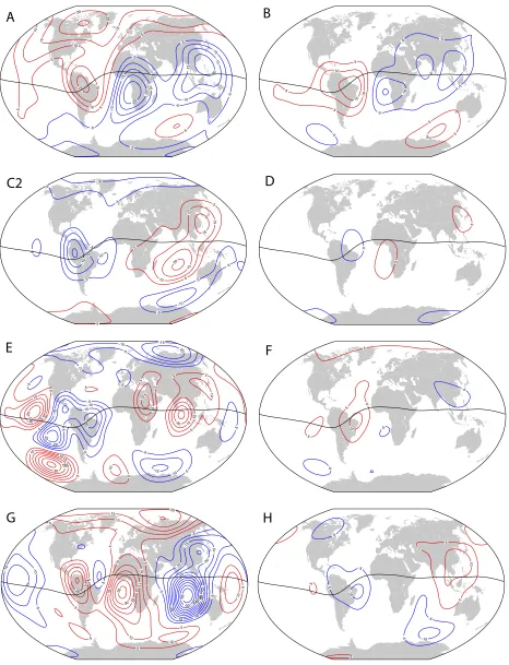 Fig. 12. Difference in the Z component of the magnetic ﬁeld between SV-2010-2015 candidate models and the weighted mean model Mw plotted atEarth’s reference radius in Winkel tripel projection