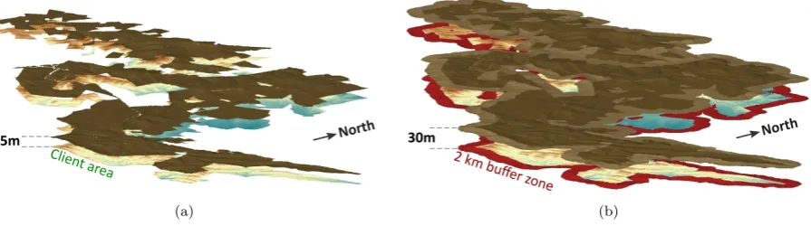 Figure 6: Client area and smoke layers viewed in perspective from the south-east, showing (a) 15-m and (b) 30-m smoke layersFor Review Onlyabove the client area with a 2-km buﬀer zone being included in (b).