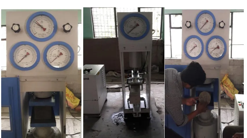 Fig 3.1: Compressive testing                           Fig 3.2: Flexure strength testing                    Fig 3.3: Split tensile testing 