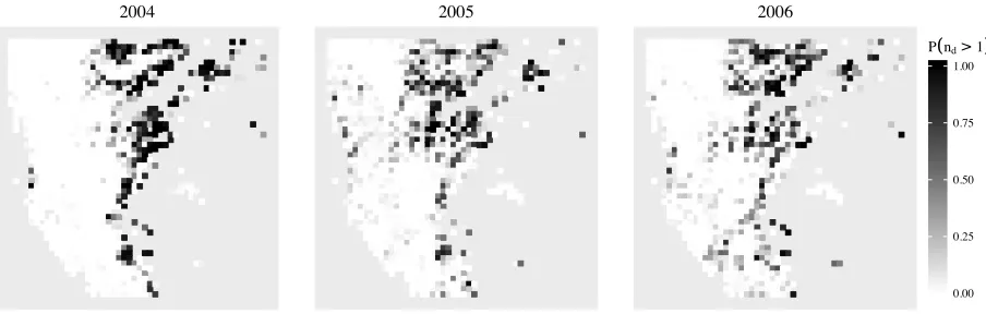 Figure 5: Maps of the probability of identifying more than one growing season for years 2004 -