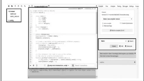 Figure 3 Online Remix IDE interface displaying an example smart contract and selection of options to aid the development of smart contract      