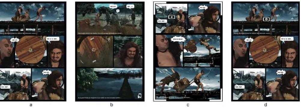Figure 3: The four study conditions. (a) Reading only condition; (b) Default condition (as per in in-the-wild study) that dupli-cates with video the previously read content, activated by scanning the frame through the phone screen; (c) Animated Frames,where frames ‘come alive’ sequentially, activated by viewing white framed pages through the phone or with NFC tags showingshort video snippets with emotional sounds; (d) Teaser condition on top frame of every odd page, when the phone is placedon the NFC tag a ‘teaser’ of the coming pages is shown.