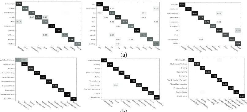 Fig. 10. Recognition confusion matrices of top 30 classes with most improvements than baseline on (a) HMDB51 and (b) UCF101 datasets.