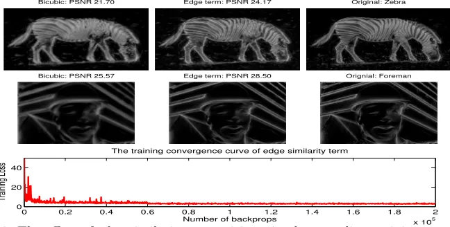 Figure 6: The eﬀect of edge similarity supervision: 4× down-scaling training convergencex 10curve (the bottom row); some reconstructed edges (the middle column of upper two rows).
