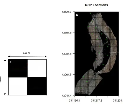 Figure 8 (a) A GCP target measuring 0.09 m/0.09 m used within the survey. (b) GCP Locations superimposed onto a DEM produced