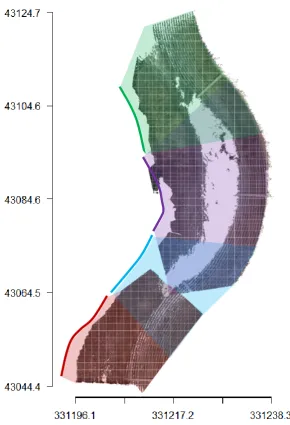 Figure 11 Segmented beach. Each colour represents a different segment of beach imaged
