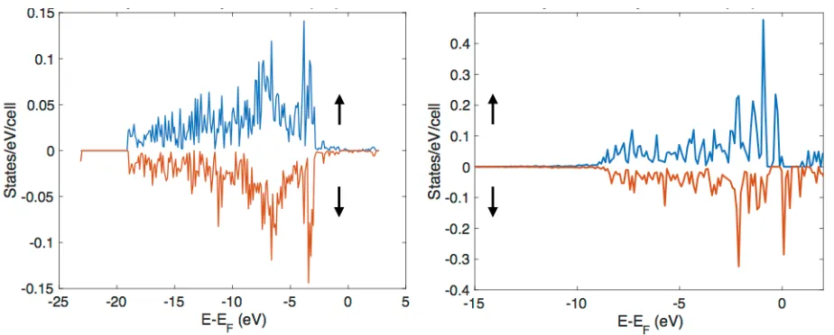 Fig. 5. (Color online) PBE+U predicted partial density of states (pDOS) of the majority (blue color) and minority (red color) electrons of px (left panel) and pz orbitals (right panel)