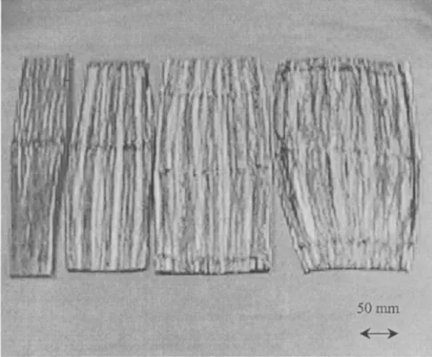 Fig. 1. Bamboo zephyr mat from moso bamboo after pre-hot-pressed treatment. From left to right: treatment at temperatures of 100 ~ 130 ~ 150 ~ and 180~ respectively 