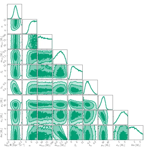 Figure 4.One- and two-dimensional posterior distributions for the hyperparameters describing Model C