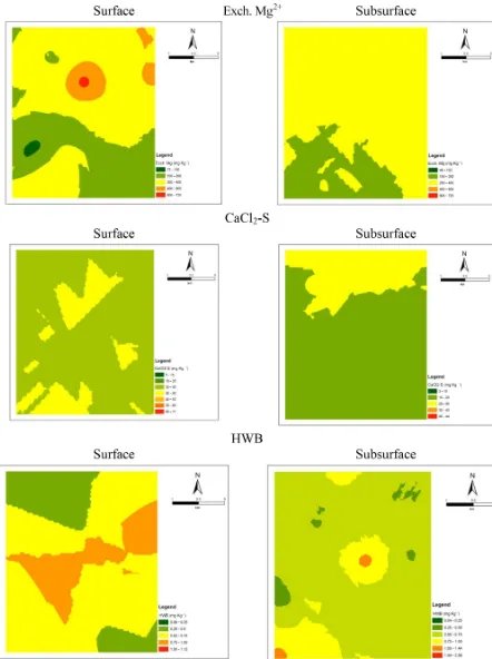 Figure 3. Kriged interpolation maps of soil properties in surface (0–20 cm) and subsurface (20–40 cm) soil layers.