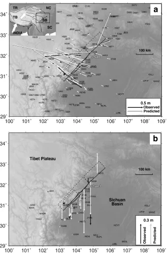 Fig. 1.Observed and predicted coseismic horizontal displacements of the 122 GPS stations and vertical displacements of 44 GPS stations used inthe study
