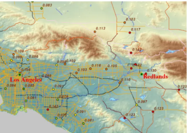Figure 6. Ozone measurements, elevation, and  major road network visualization using ArcGIS,  Los Angeles area