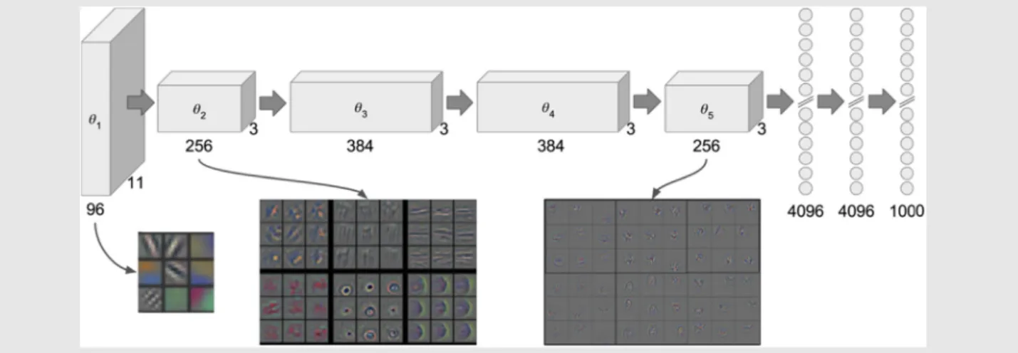 Fig. Box 1.1. Essential architecture of DNN AlexNet and filter visualization. AlexNet consists of 5 convolutional layers represented by boxes and 3 fully connected layers of which the last is the output layer with 1000 units
