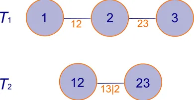 Figure 5.1.1: Graphical representation of a trivariate vine copula, with tree labels T1,
