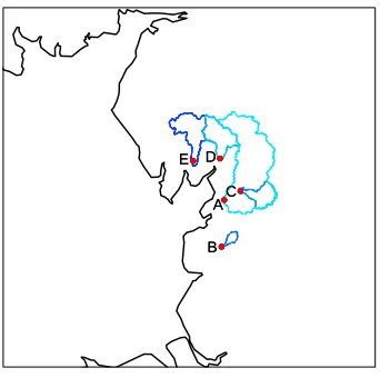 Figure 3.5.1: Locations of the river ﬂow gauges (labelled A to E) and corresponding