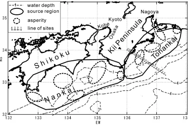 Fig. 1. Map of target region. Source regions of the M 8-class Nankai and Tonankai earthquakes are overlapped with the depth contours of the oceanicwater layer