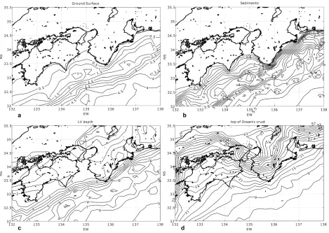 Fig. 3. Depth of four uppermost interfaces of the 3-D velocity model: (a) oceanic water layer (sea bottom), (b) oceanic sediments layer, (c) surfacelow-velocity layer, and (d) upper interface of the subducted oceanic layer 2