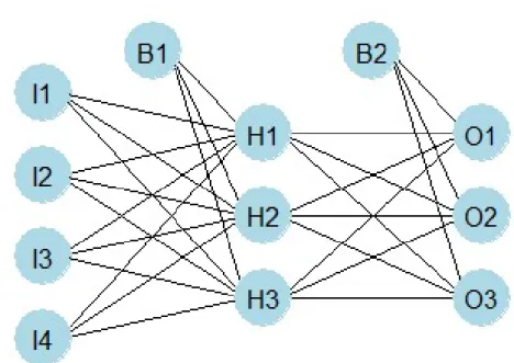 Figure 3.1: An example of standard neural network; I, H and O denote nodes in input, hidden and output laye