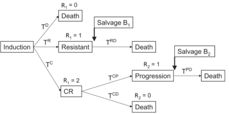 Figure 3.2: Possible pathways, transition times, and salvage therapy following induction treatment.