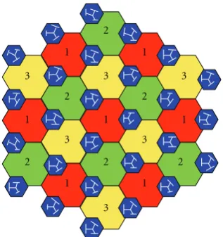 Figure 4: Cellular layout including the frequency reuse of 1/3(colours/numbers of the cells).