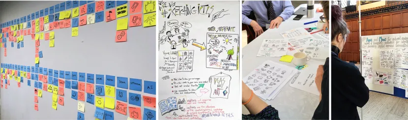 Figure 3: Left: Visual icon library in progress -- concept sketches are posted below the theme; Middle Left: 