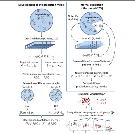 Fig. 1 Schematic representation of the proposed framework. 1CV and 2CV: single and double cross-validation, ĥ0(t) baseline hazard at time t, ^α; β^; ^γ: