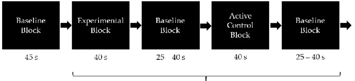 Figure 1. Illustration of the block design, which contained eight baseline blocks (resting phases), four  experimental blocks, and four active control blocks