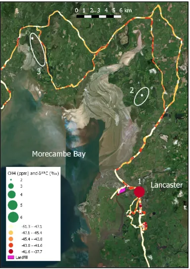 Figure 3.4 Map of mobile measurements around Lancaster and Morecambe Bay. Symbol width indicates CH4 concentration as measured by a Picarro G2201-i isotopic gas analyser