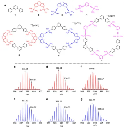 Fig. 1 Compounds studied in this work and characterizations.isotope distribution of a Molecular structures of 1–7