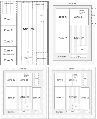 Fig. 1. Floor layouts showing zone numbers corresponding to model states: clockwise from top left, ﬂoor A, B, C and D.