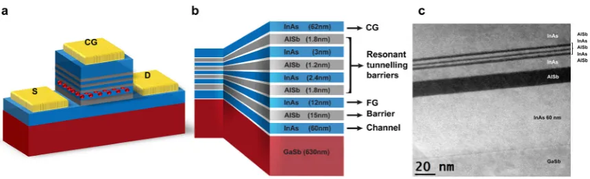 Figure 1 | Device structure. the high quality of the epitaxial material, the individual layers and their heterointerfaces.ba, Schematic of the processed device with control gate (CG), source (S) and drain (D) contacts (gold)