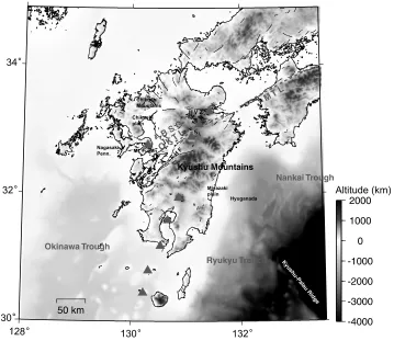 Fig. 1.Index map of Kyushu. Triangles indicate active volcanoes. Thin lines mark active faults, and thick dashed lines mark tectonic lines