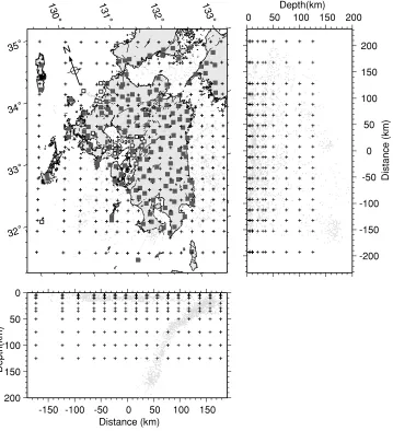 Fig. 3.Distribution of seismic stations used in the analysis (squares) and the computational grid (crosses)