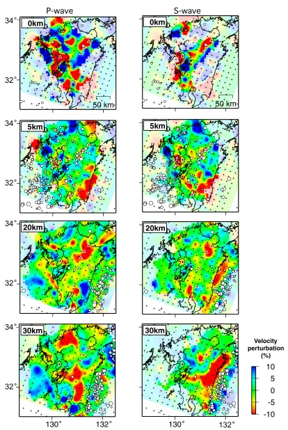 Fig. 8. Plan views of the RRT results for (a) P-waves and (b) S-waves at each depth. The velocity perturbations are calculated from the average of theinverted velocity values at each depth, and masking obscures areas of low reliability (see Fig