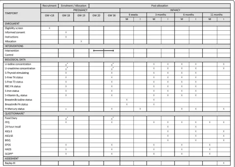 Fig. 1 Overview of study schedule and main activities. *Six consecutive days between GW 18 and GW 19 and between GW 35 and GW 36 (lastdays of intervention meal)