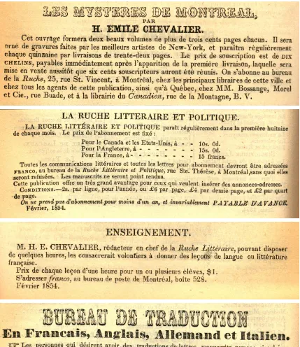 Figure 2.1.  Four advertisements, all from the February 1854 issue of La Ruche, for Chevalier’s various money-making endeavors