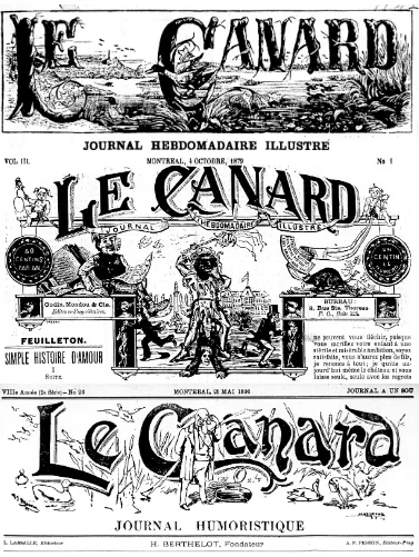 Figure 3.2. Mastheads of Le Canard.  The first issue was published on October 6, 1877 (top); the title appears this way until October 4, 1879 (middle), when Berthelot departed to found Le Vrai Canard
