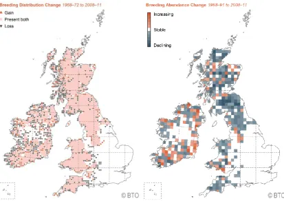 Figure 1.9a. Composite breeding distribution change in dippers across the British Isles 1968-72 to 2008-11
