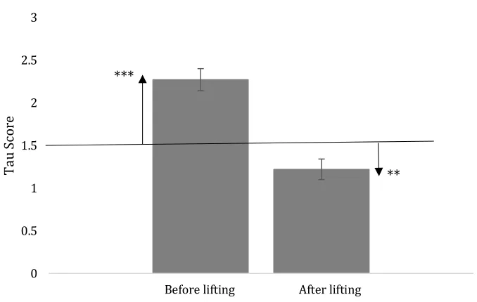 Figure 3. The change in rating of weight before and after lifting objects which vary 
