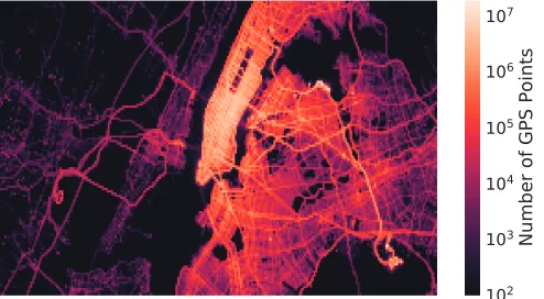 Figure 1: Sample distribution for a data set containing taxitrajectories collected from NYC (logarithmic scale).