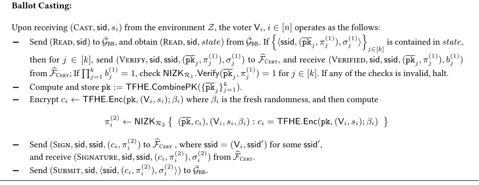 Figure 6: TFHE based statement voting scheme Πfhe-SV in the { G¯BB, F�Cert}-hybrid world (Part II).