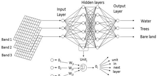 Figure 3. Classification of remote sensing data by an artificial neural network (adapted from Foody  1996) where  
