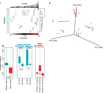 Figure 2-5:  Alterations in VLP contig abundance associated with diet.  (A) Proportions of VLP sequence reads in contigs from different subjects and time points