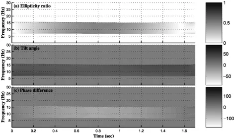 Fig. 3. Time-frequency spectrum of the complex synthetic signal: (a) north (solid line) and east (dotted line) components of the signal, (b) the modulusand (c) the phase of the wavelet spectrum.