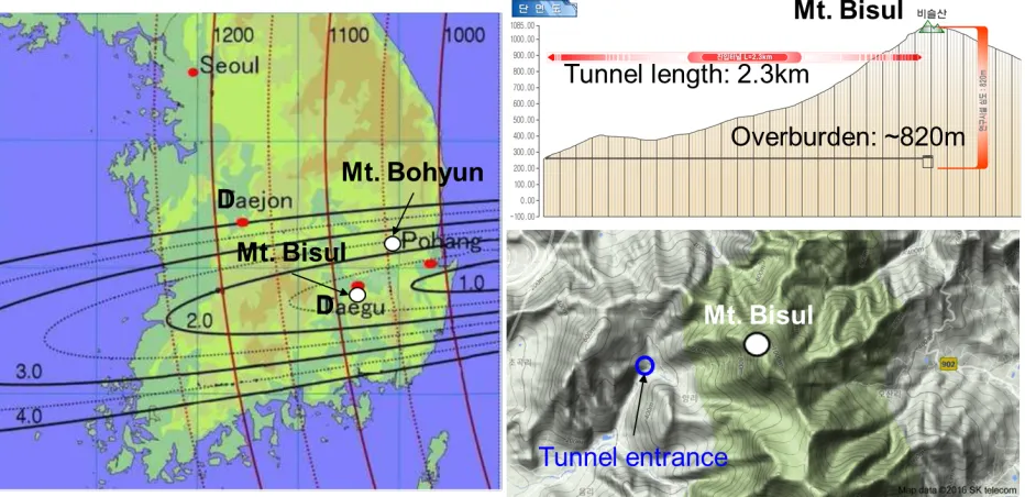 FIG. 4: Two candidate sites for the second Hyper-K detector in Korea. Mt. Bisul is located near