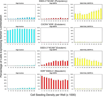 Figure 3.6.  hESC seeding density analysis.  H9 hESCs were seeded at the specified density into 96-well plates and differentiated to endoderm (high Activin), mesoderm (high BMP4), or ectoderm (SB431542, BMPR1A)